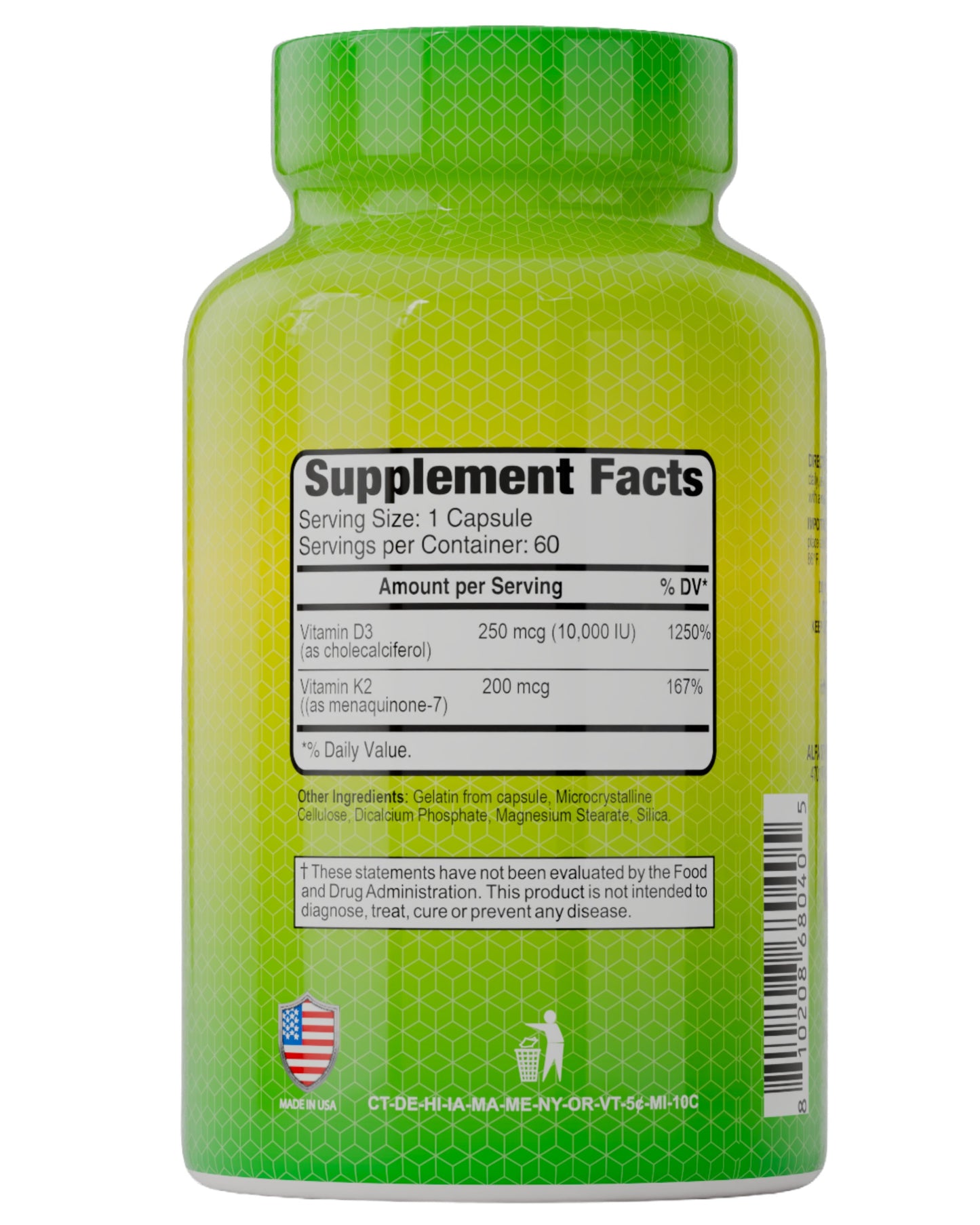 A green and yellow Alfa Vitamins Store bottle holds 60 Vitamin D3 + K2 10,000 IU & 200 mcg capsules. Its white label with black text details facts, ingredients, and disclaimers, and a U.S. flag is shown at the bottom left.