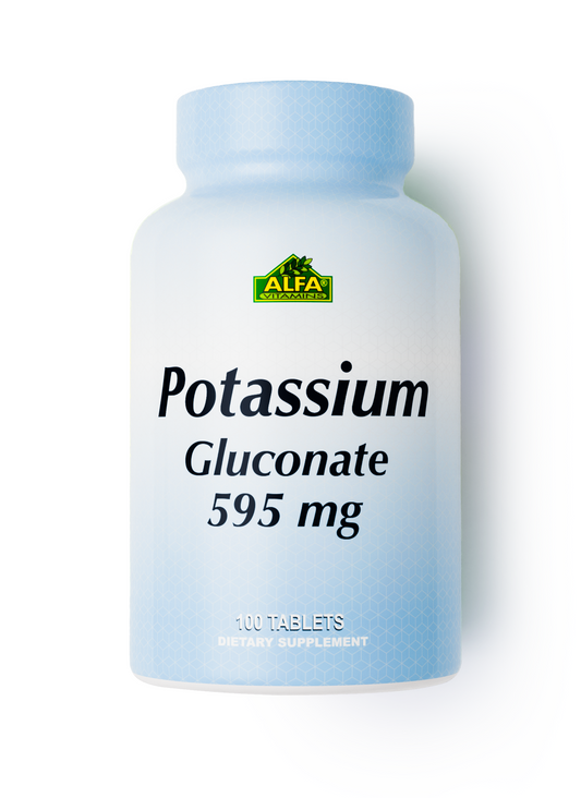 A white bottle of Alfa Vitamins Potassium Gluconate 595 mg - 100 tablets, supporting heart health and electrolyte balance, is displayed against a plain white background.