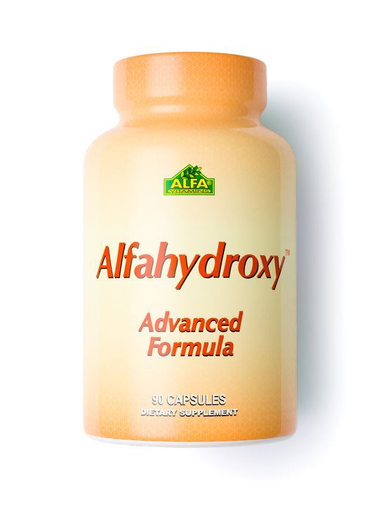 An orange bottle labeled Alfahydroxy - Immune Support by Alfa Vitamins, containing 90 capsules of a dietary supplement.