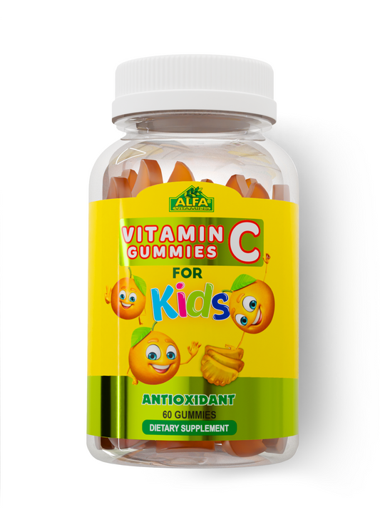 Alfa Vitamins Store’s Vitamin C Gummies for Kids provide 250mg of vitamin C per serving in a bottle of 60 gummies, supporting a healthy immune system with fun orange fruit characters on the orange label.