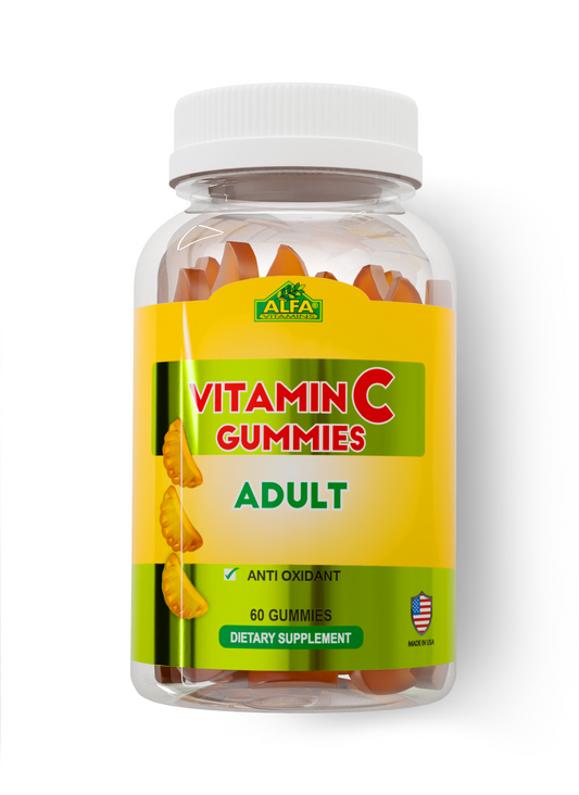 A clear plastic bottle with a white cap contains orange chewy supplements for immune support. The yellow label reads Vitamin C Gummies for Adults - 60 Gummies, features Antioxidant and an American flag icon. Brand: Alfa Vitamins.