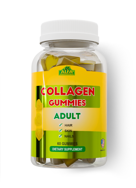 Alfa Vitamins Store offers a dietary supplement in a yellow-labeled jar featuring an American flag emblem. These Collagen Gummies contain fish collagen and Vitamin A, promoting benefits for hair, skin, and nails. Made in the USA, each jar contains 60 gummies.