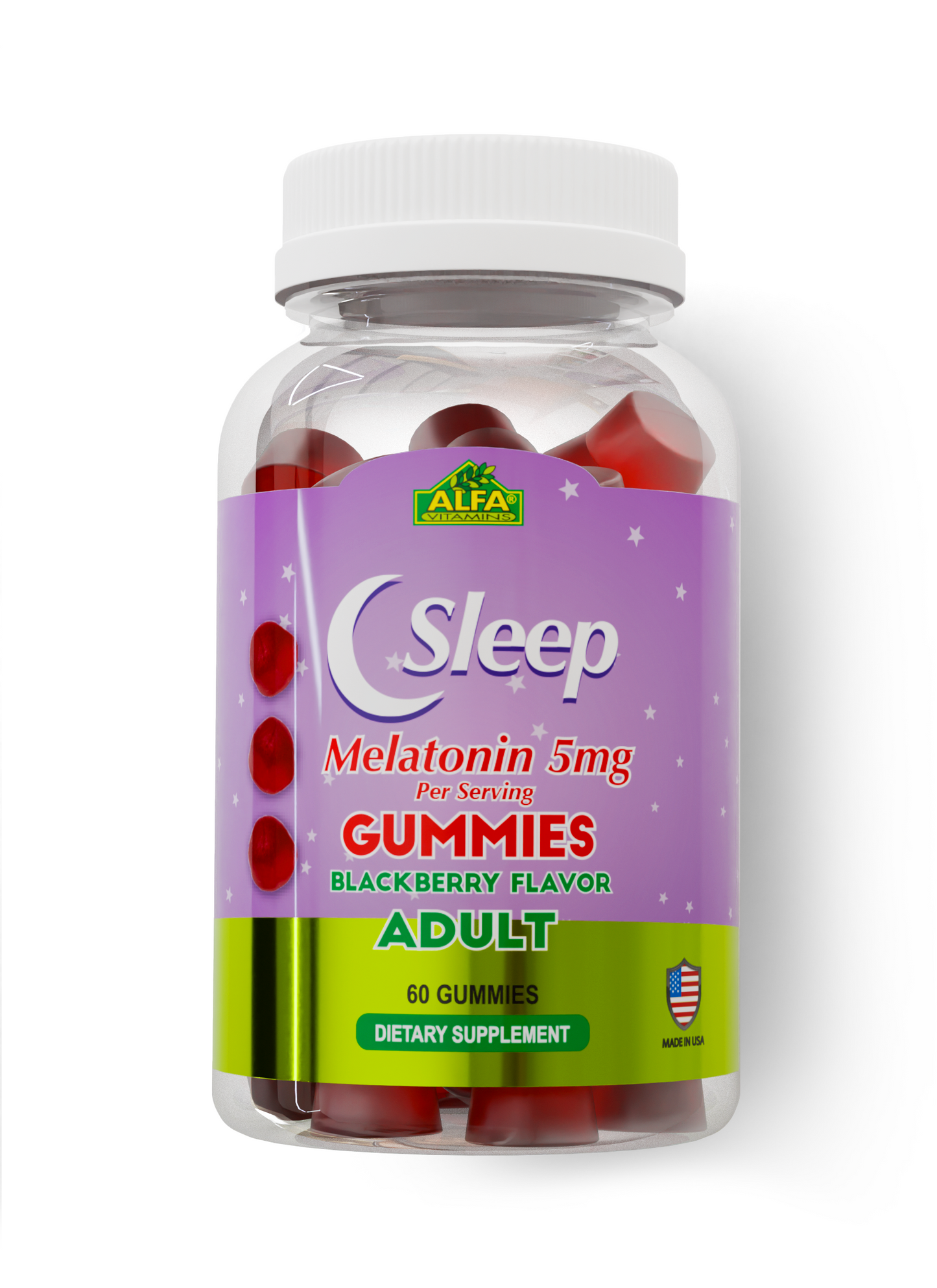 A jar of Alfa Vitamins Melatonin Gummies with 5MG, blackberry flavor, for better adult sleep quality. The purple starry label highlights 5mg per serving. Each USA-made dietary supplement contains 60 gummies enriched with antioxidants.