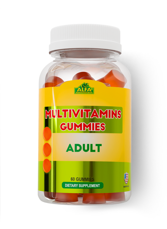 A clear bottle with a white cap contains 60 orange-flavored multivitamin gummies for adults. The label reads Alfa Vitamins Store, MultiVitamins for Adults, offering nutritional support and features a small USA flag to symbolize where they are made.