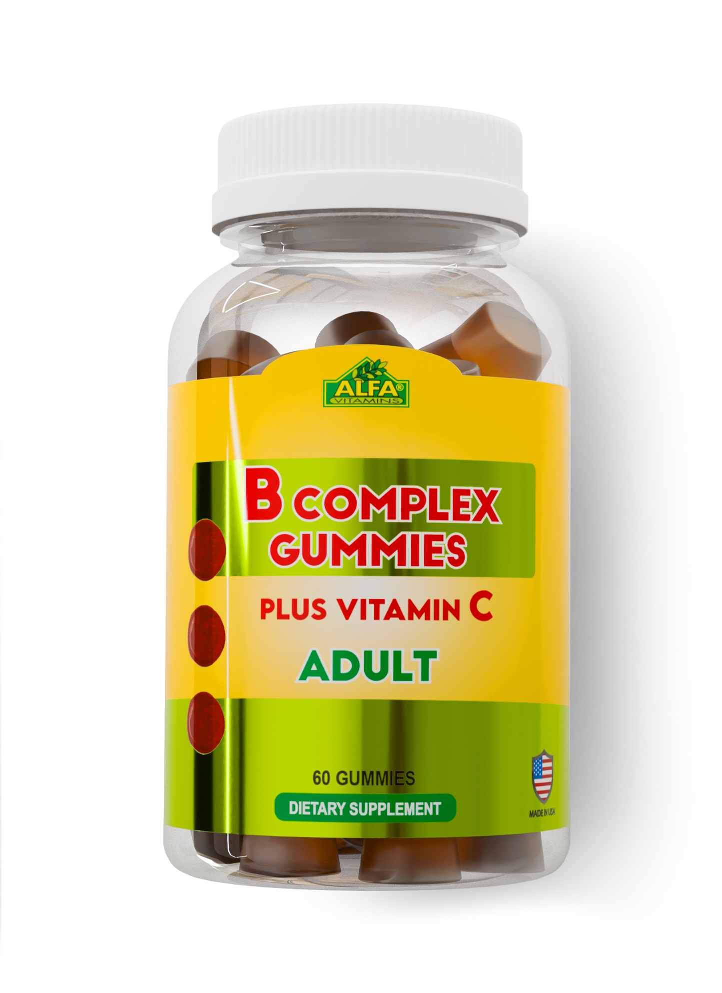 A plastic bottle with a yellow and green label holds 60 B Complex Gummies, branded by Alfa Vitamins Store, featuring an American flag. These dietary supplement gummies support your immune system.
