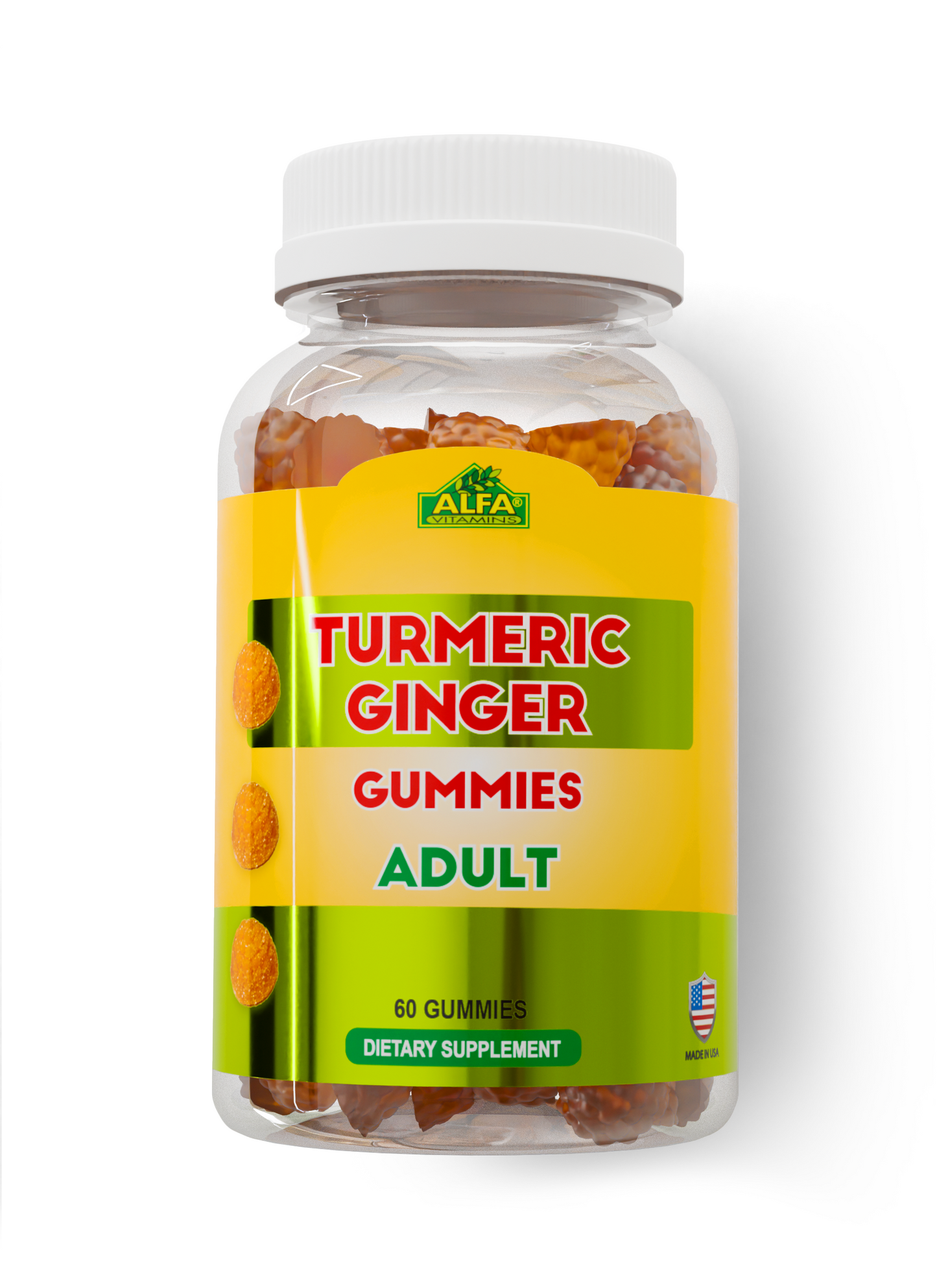 The Turmeric Ginger Gummies from Alfa Vitamins Store come in a 60-gummy bottle with a yellow label featuring turmeric and ginger root graphics. Enriched with black pepper for better absorption, they are dietary supplements made in the USA.