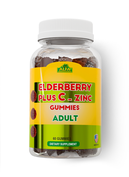 A transparent bottle labeled ELDERBERRY + C & ZINC - 60 Gummies by Alfa Vitamins showcases a vibrant yellow design with elderberries. It includes Elderberry Extract, Zinc, and Vitamin C for adults and displays a U.S. flag in the bottom right corner of the label.