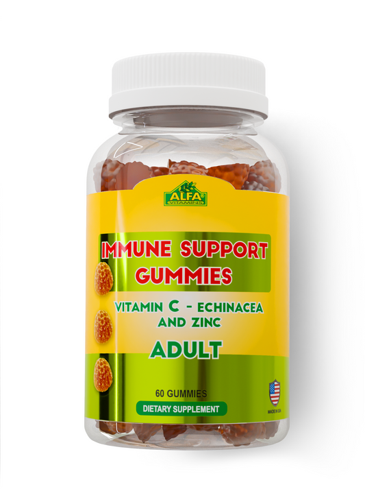 The Immune Support Gummies for Adults by Alfa Vitamins Store comes in a yellow bottle with orange accents and an American flag icon. It contains 60 gummies, each blending Vitamin C with echinacea and zinc to enhance immune support effectively.