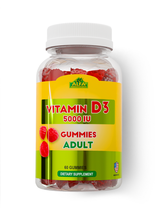 A transparent bottle with a white cap contains red gummies labeled Alfa Vitamins Store, Vitamin D3 500 IU Adults, promoting bone health. It holds 60 gummies for dietary supplementation, featuring a small USA flag symbol at the bottom right.