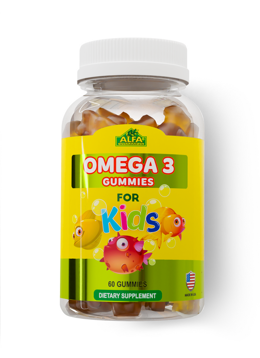 A clear bottle with a white cap holds Omega 3 gummies for kids, enriched with DHA and EPA. The bright yellow label features colorful fish and bubbles, stating Omega 3 Gummies for Kids by Alfa Vitamins Store with 60 gummies inside, proudly displaying a USA flag.