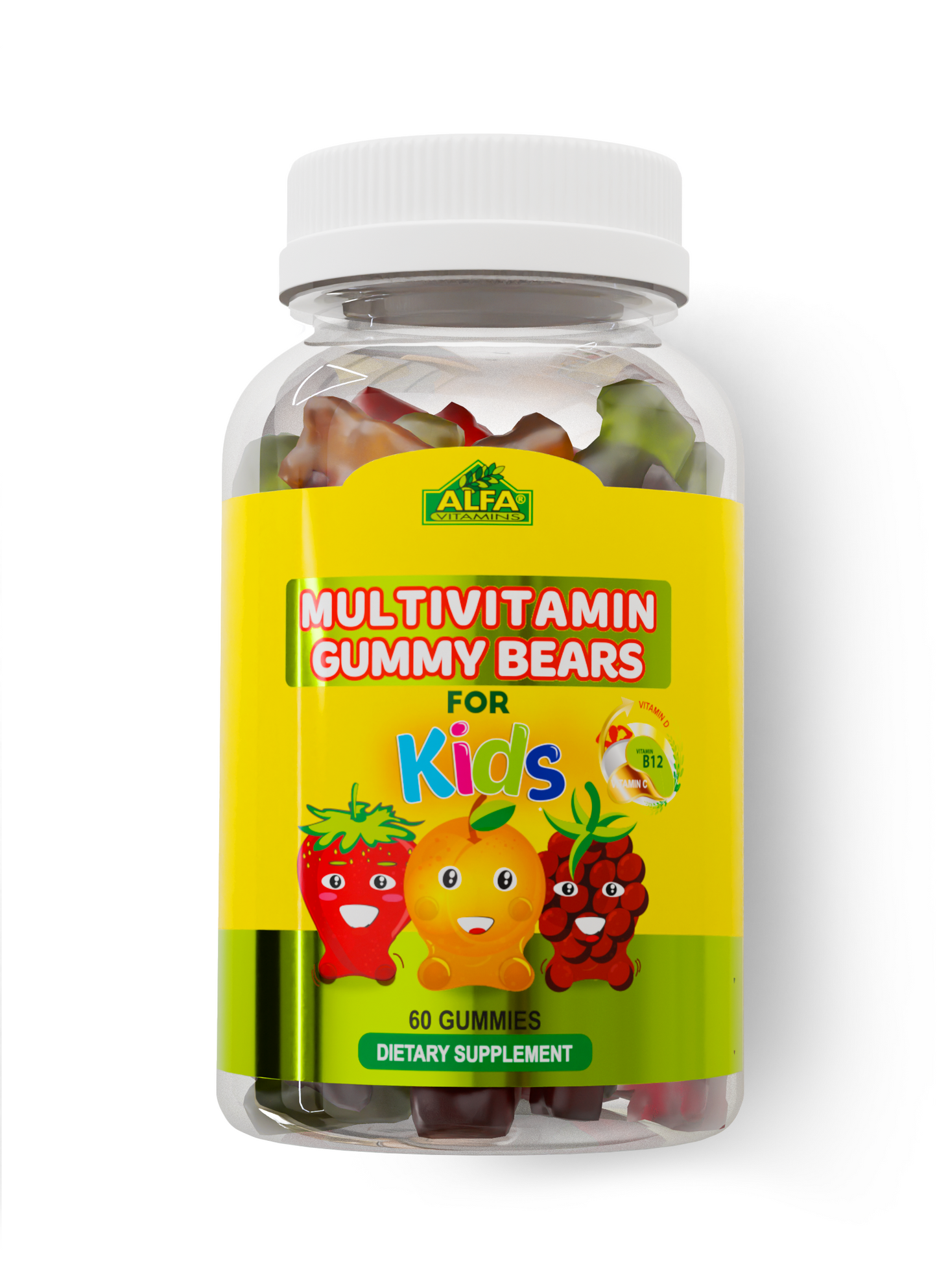 A clear plastic bottle with a yellow label showcases Alfa Vitamins’ MultiVitamins Super Gummy Bears - Kids Complete, featuring cartoon fruit characters. The 60-count dietary supplement offers colorful gummy bears for nutritional support for kids.