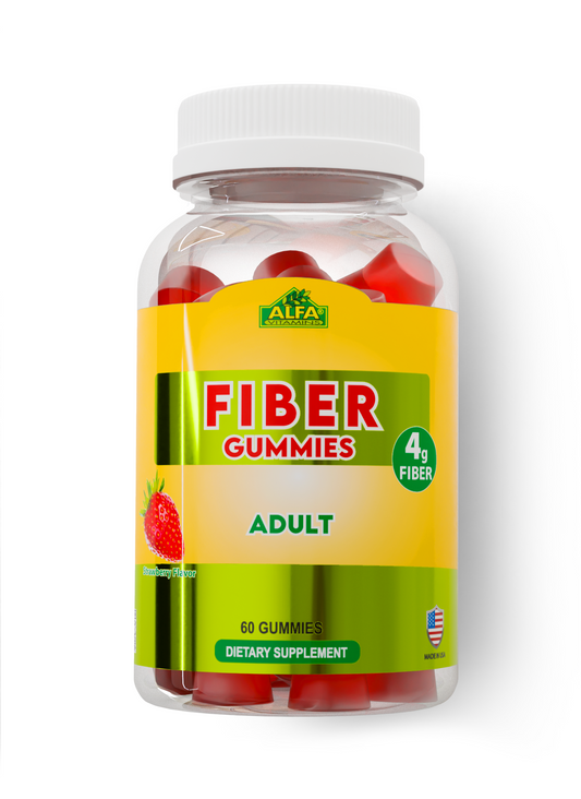 A clear bottle with a white cap holds Alfa Vitamins Fiber Gummies, featuring an American flag on the label. The bottle contains 60 strawberry-flavored dietary supplements offering 4g of prebiotic fiber for adult gut health and is marked as Adult.