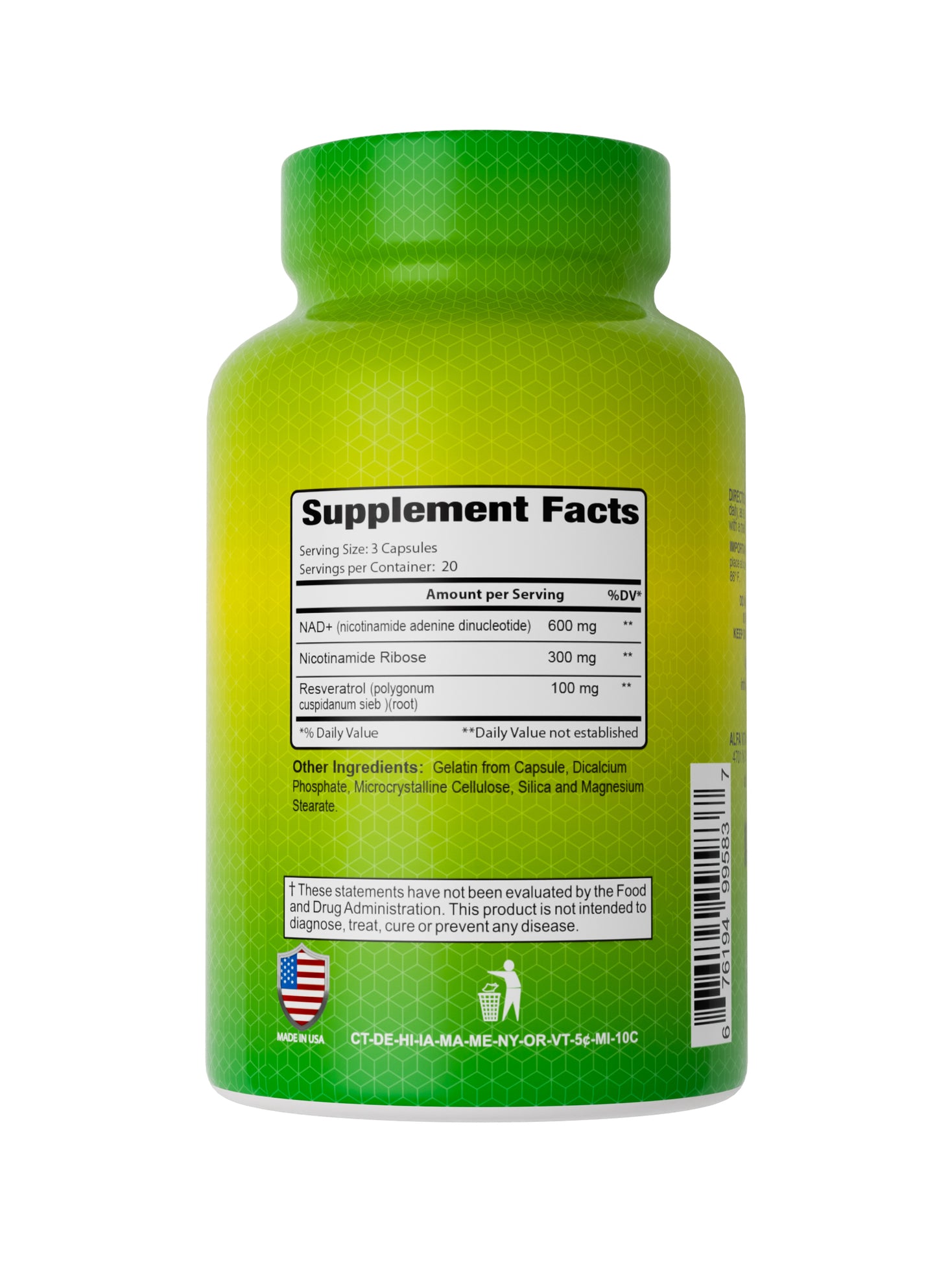 A green and yellow bottle of Alfa Vitamins NAD+ Plus Resveratrol – Cellular Energy & Healthy Aging Support – 60 Capsules displays a label with essential compounds like NAD+ for healthy aging, nutritional details, a USA flag, and recycling info.