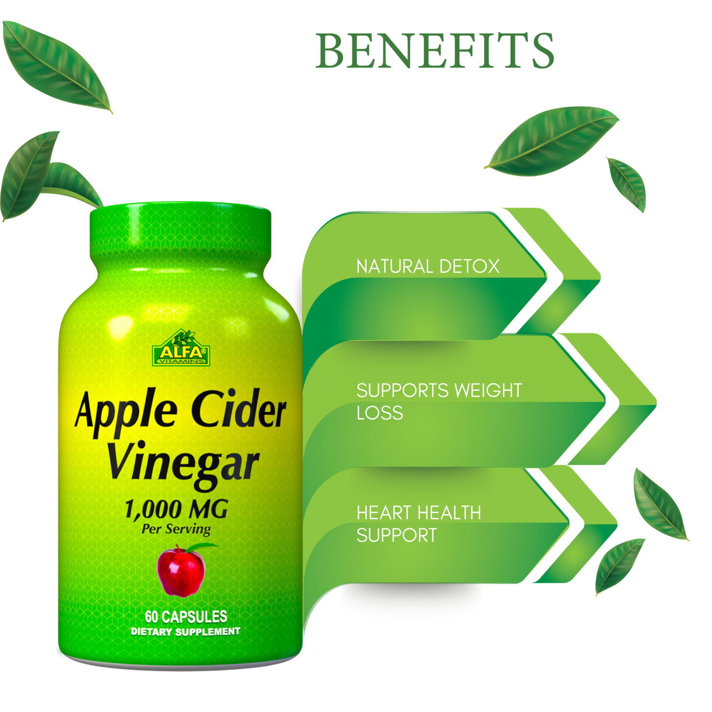 The image displays a green bottle of Alfa Vitamins Apple Cider Vinegar 1000 mg - 60 capsules. Green arrows emphasize benefits like Natural Detox, Supports Weight Loss, and Heart Health Support, against a leaf background—ideal for your health and wellness journey.