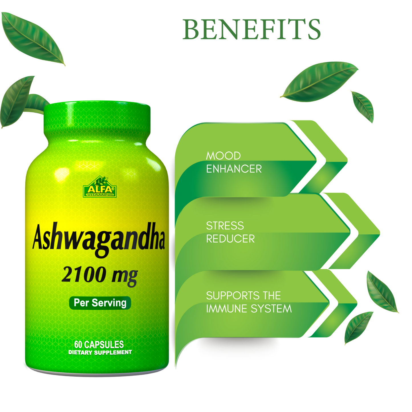 The Ashwagandha 2,100 mg - 60 Capsules by Alfa Vitamins features benefits like mood enhancement, stress relief, and immune support. Enhanced absorption is achieved with a touch of Black Pepper. The green bottle is adorned with decorative leaves.