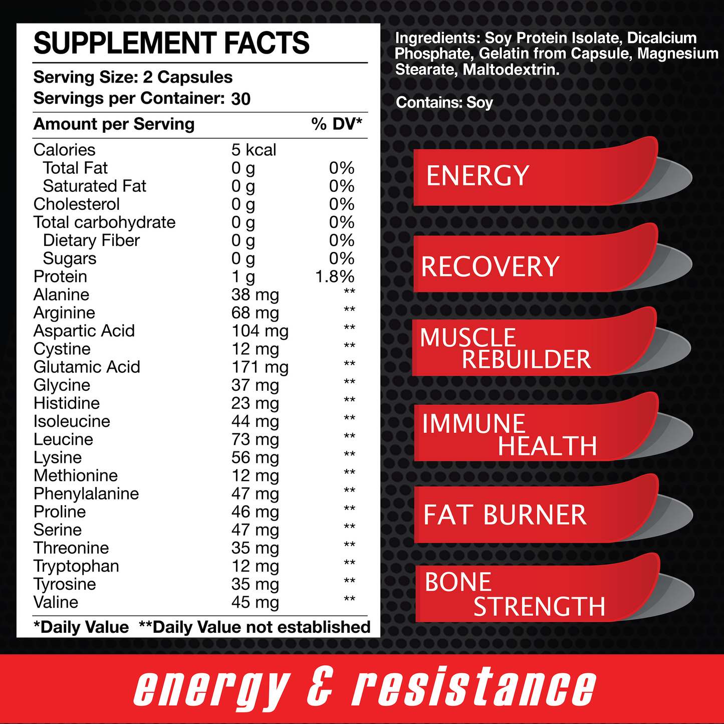 Supplement facts label for Maximum Amino by Alfa Vitamins (60 capsules) shows per serving values, essential amino acids, and benefits: energy boost, faster recovery, muscle rebuilding, immune support, fat burning, and bone strength on red banners.