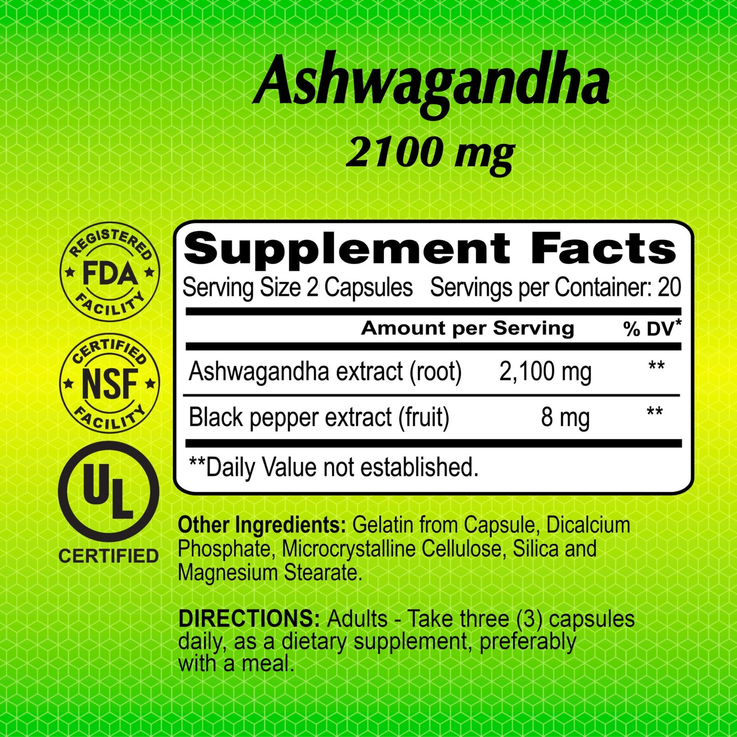 The Ashwagandha 2,100 mg supplement from Alfa Vitamins provides serving details and ingredients, featuring adaptogenic black pepper extract. Certified by FDA, NSF, and UL, it recommends three capsules daily. A harmonious green background with a subtle pattern enhances the label.