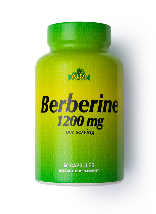 A green and yellow bottle labeled “PRE-ORDER Berberine 1200 mg – 60 Capsules” by Alfa Vitamins Store, formulated for blood sugar and metabolic support, is shown against a white background.