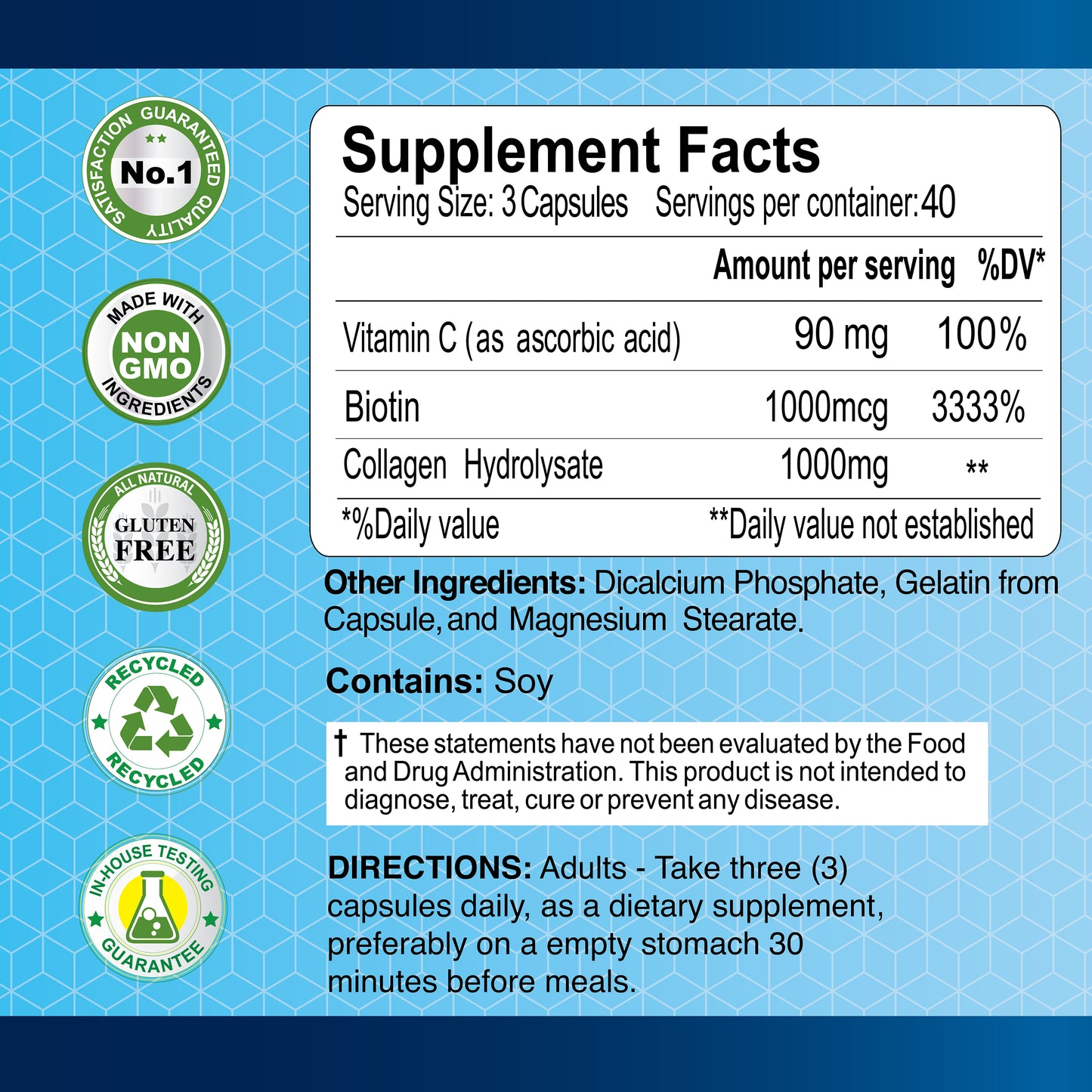 Supplement Facts for CollagenC Hydrolysate - Biotin by Alfa Vitamins Store: contains Vitamin C, Biotin, and Collagen. Features logos for quality assurance, non-GMO, gluten-free, recyclable, and soy-inclusive. Adults: take three capsules daily.