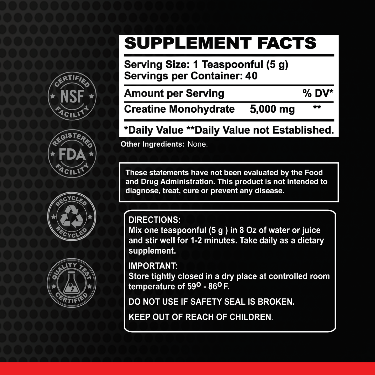 Alfa Vitamins Maximum Creatine Powder Formula, 200g jar. Supplement facts: 1 tsp (5g) per serving, 40 servings per container. Features directions, warnings, certifications, storage info. Black and red label design.