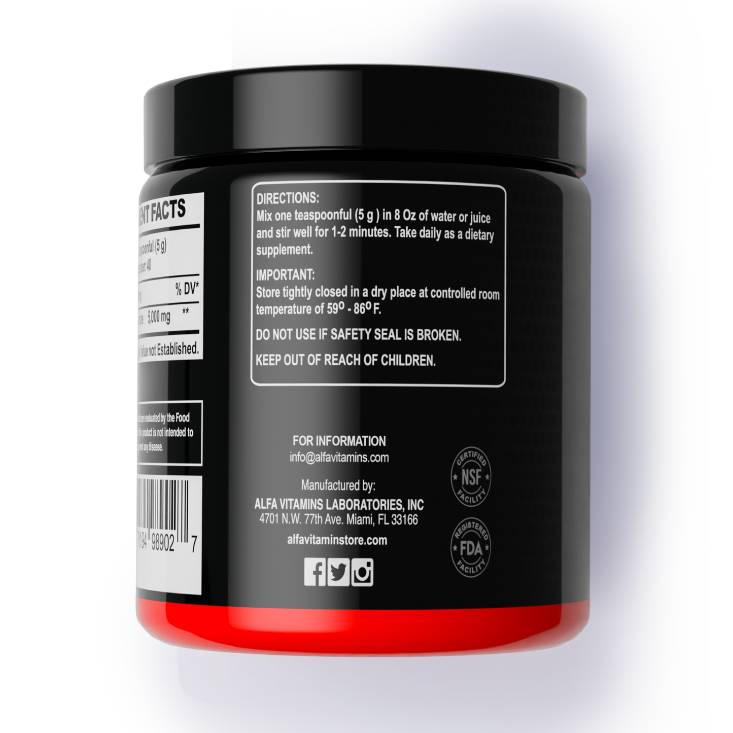 A black and red Maximum Creatine powder formula 200g jar by Alfa Vitamins with label details on directions, precautions, contacts, and certifications. Mix one teaspoon in water and keep the supplement jar tightly closed.