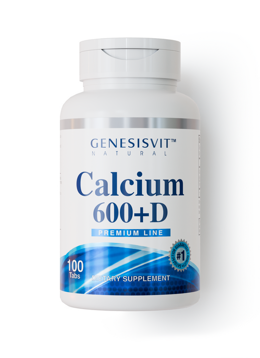 A white bottle labeled Genesisvit® Calcium 600 + D Premium Line by Alfa Vitamins contains 60 tablets. The label has blue accents, a “#1” symbol, and highlights bone health support with added vitamin D.