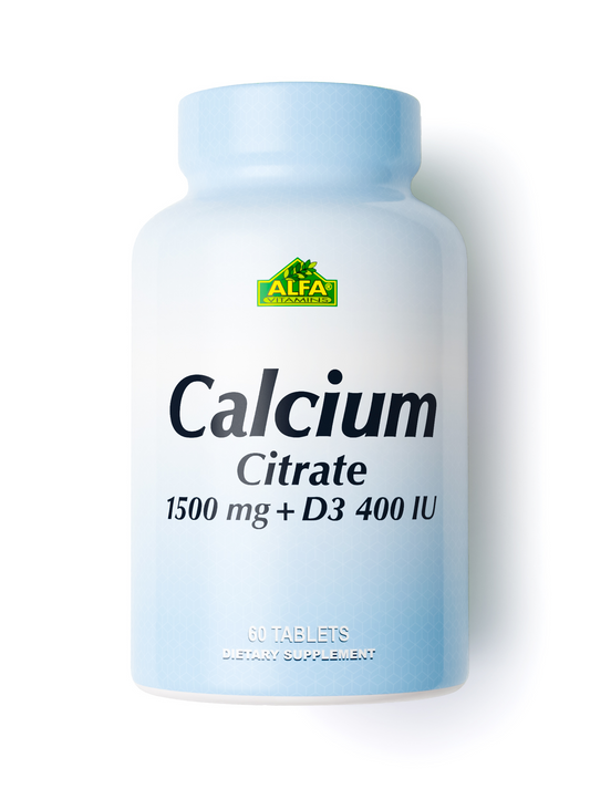 A white bottle of Alfa Vitamins Store Calcium Citrate 1500 mg + Vitamin D3 dietary supplement with 60 tablets. The blue and white label features a green Alfa logo at the top.