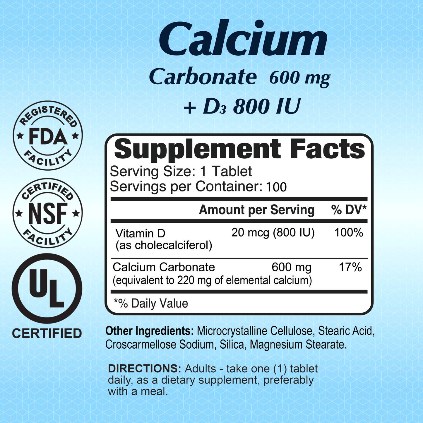 The Alfa Vitamins Stores Calcium Carbonate 600 mg + Vitamin D tablets offer 600 mg of calcium and 800 IU of Vitamin D3 per tablet to support bone density, featuring FDA, NSF, and UL certifications. Other ingredients are cellulose and magnesium stearate.