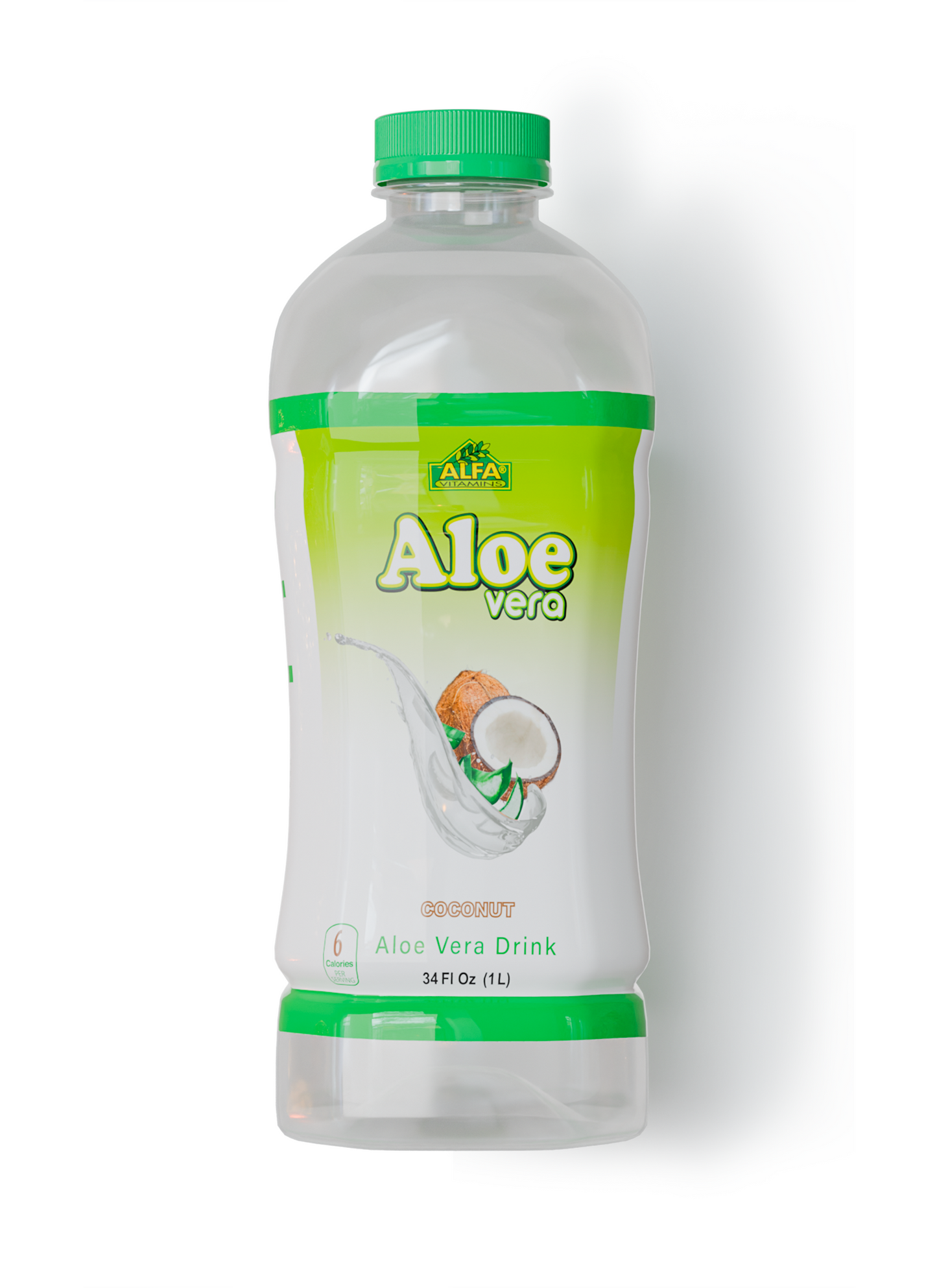 A 34oz clear bottle of Alfa Vitamins Store Aloe Vera Drink, coconut flavor, with green cap and coconut-aloe splash label—available in a 6 pack, this superfood elixir supports your digestive system.