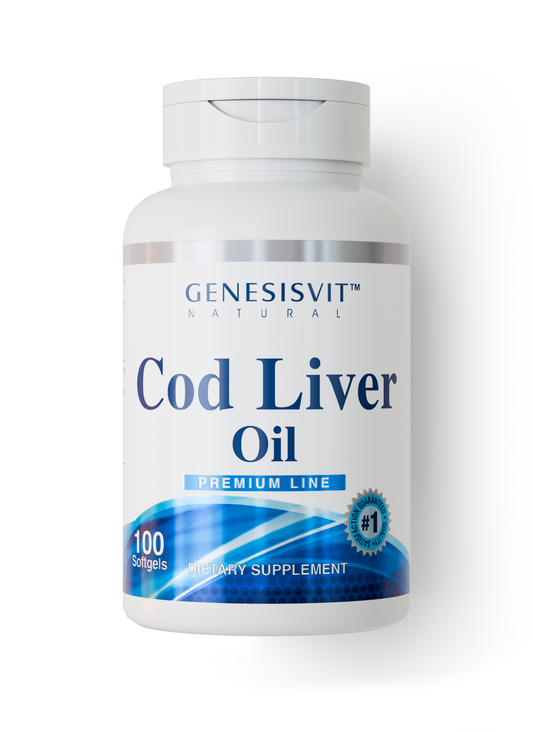 A white bottle of Alfa Vitamins Genesisvit® Cod Liver Oil Premium Line with blue accents contains 100 softgels rich in omega-3 and vitamin D. The label highlights it as a dietary supplement and displays a #1 badge.