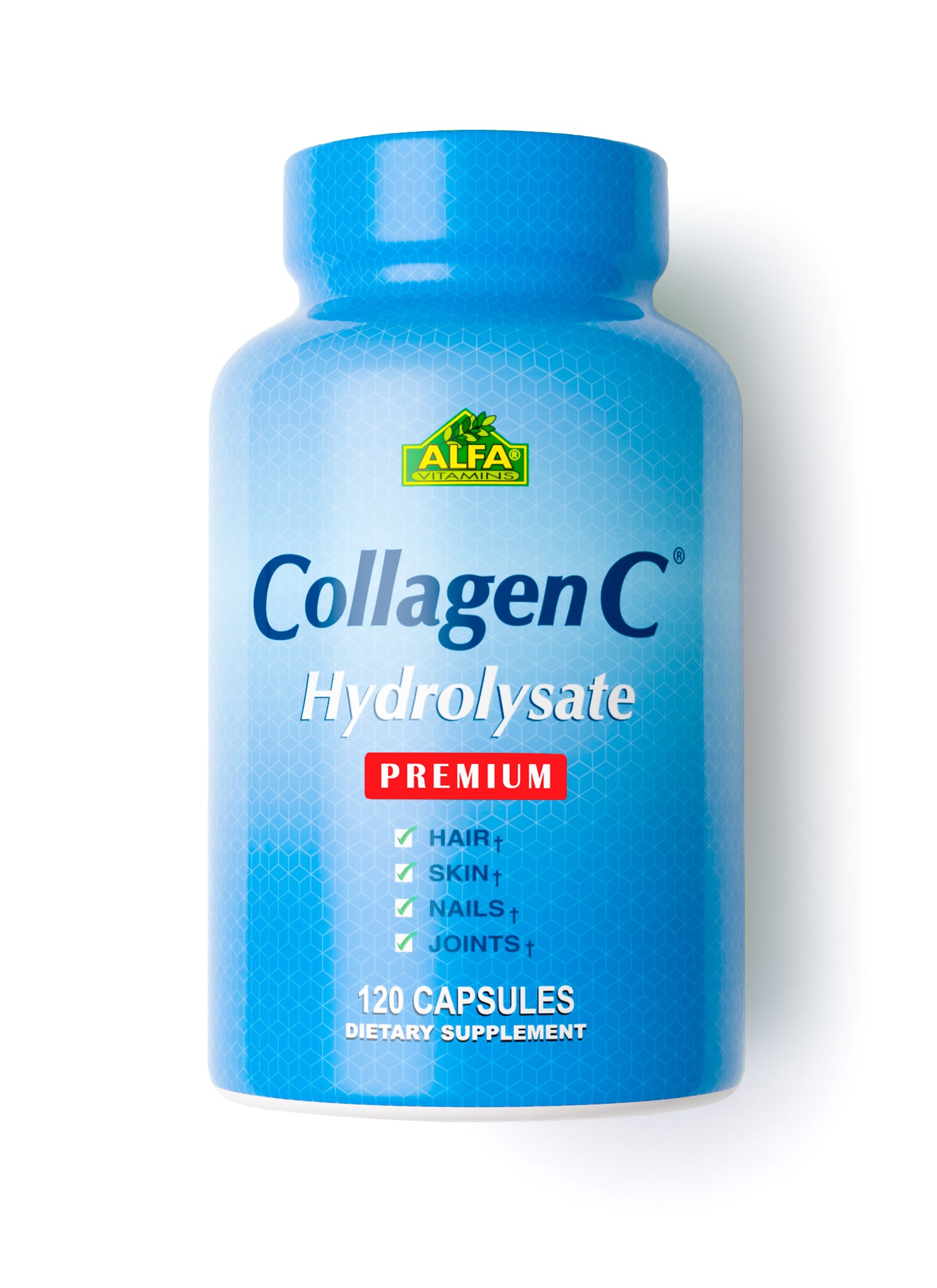 The blue bottle of Alfa Vitamins CollagenC Hydrolysate with Biotin contains 120 capsules. This premium dietary supplement highlights benefits for hair, skin, nails, and joints, enhanced with Vitamin C for superior nourishment.