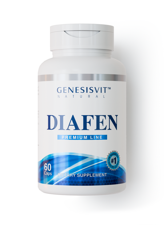 A white bottle of Genesisvit® DIAFEN Premium Line by Alfa Vitamins, with blue accents and a #1 badge, contains 60 capsules. The label highlights Dietary Supplement and features an herbal formula with Chromium Picolinate.
