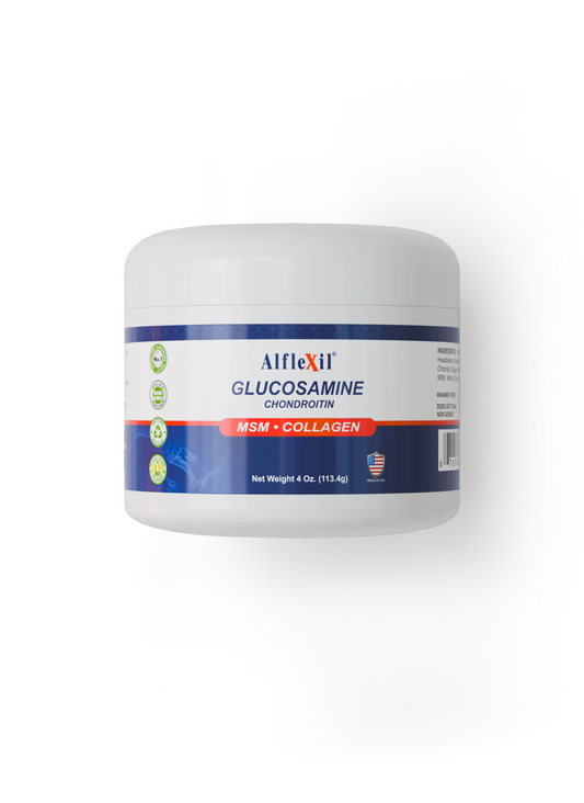 A white jar of ALFLEXIL® Glucosamine + Chondroitin Cream Healthy Joints by Alfa Vitamins, 4 oz, with blue and red label, ingredient icons, and USA flag symbol. Supports joints and promotes bone health.