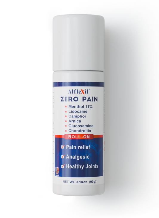 A white bottle of ALFLEXIL Pain Relief Roll-On by Alfa Vitamins, a topical analgesic with menthol, lidocaine, camphor, arnica, glucosamine, and chondroitin for pain relief and healthy joints. Net weight: 3.18 oz (90g).