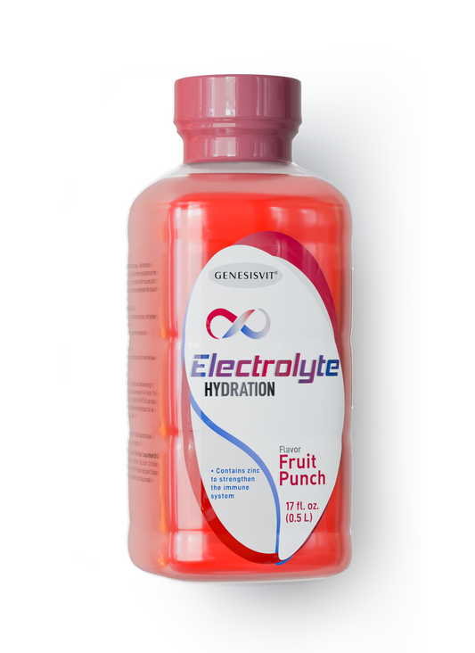 A 16.9 fl oz Genesisvit® Electrolyte Solution, Fruit Punch flavor by Alfa Vitamins Store, comes in a vibrant red bottle with maroon cap and contains zinc to support immune health. Available as a 12 pack.