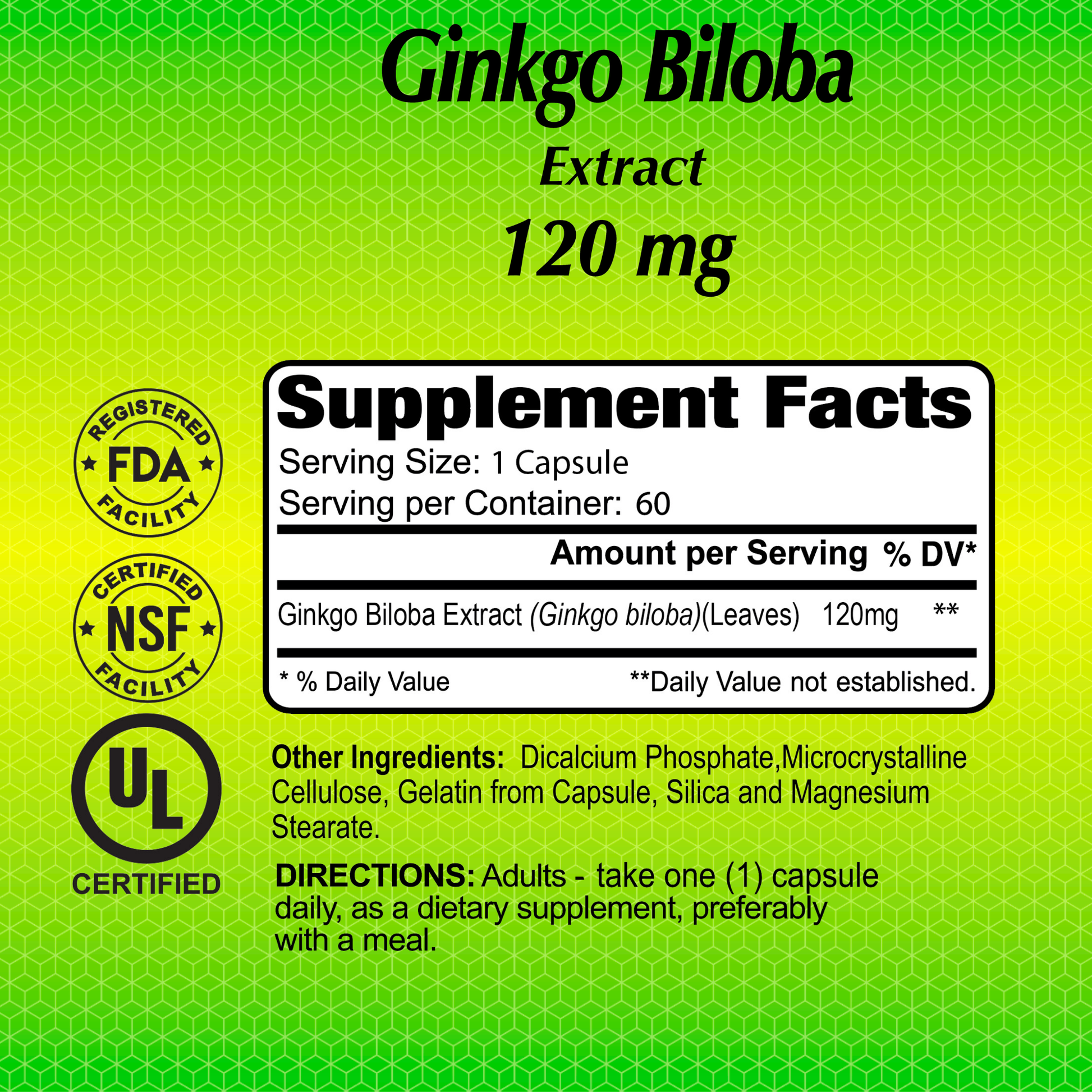 Alfa Vitamins Ginkgo Biloba 120 mg (60 capsules), certified by FDA, NSF, and UL, promotes cognitive health. Serve one capsule daily. Contains dicalcium phosphate, gelatin, and more with antioxidant properties for enhanced benefits.