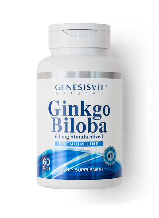 A white bottle of Alfa Vitamins Genesisvit® Ginkgo Biloba 60mg Premium Line contains 30 capsules. The blue and white label features antioxidant protection, a #1 badge, and a blue wave design.
