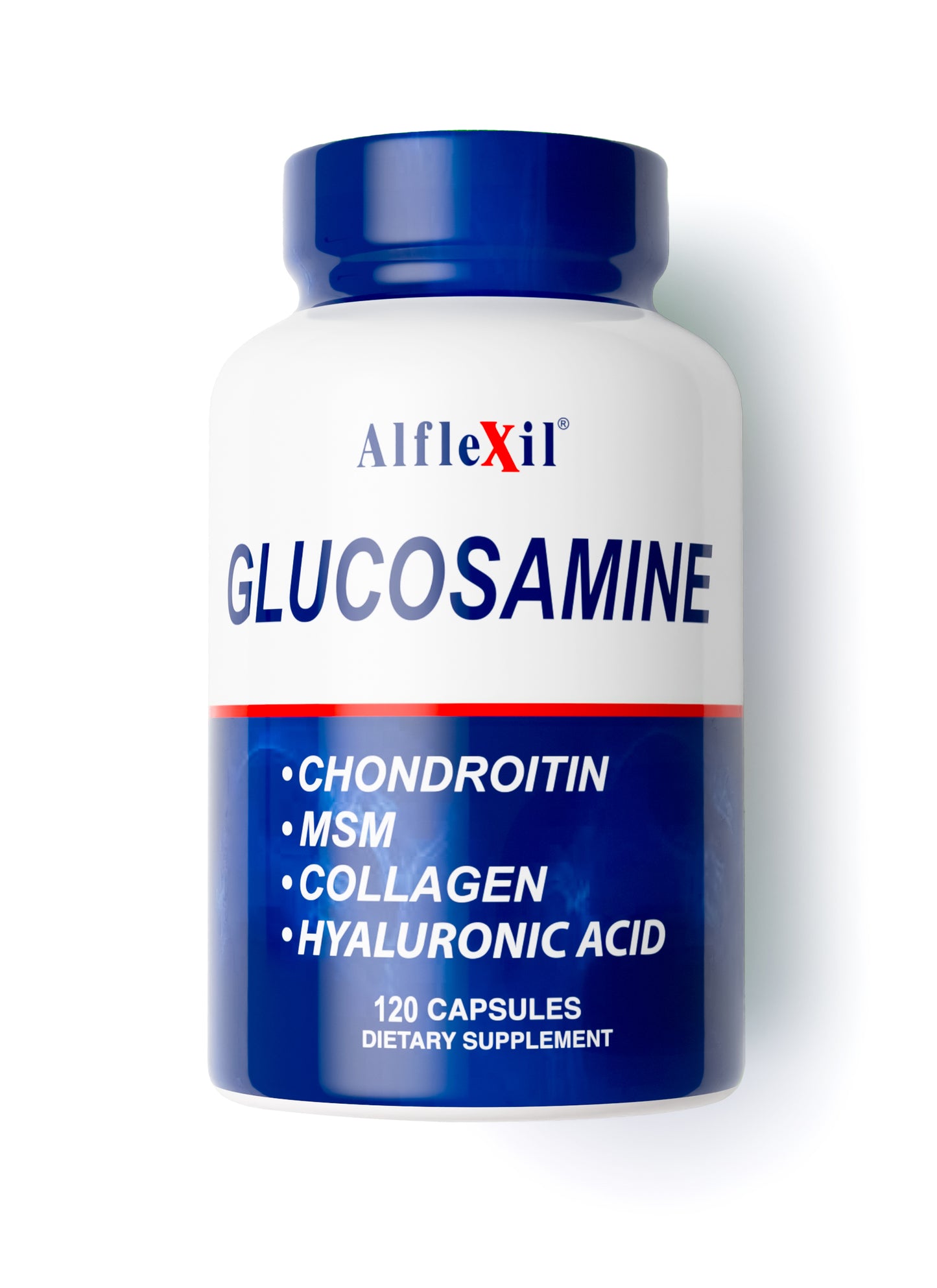 A white and blue bottle of Alflexil® by Alfa Vitamins, labeled Glucosamine Chondroitin MSM Collagen, contains 120 capsules. It includes chondroitin, MSM, collagen, and hyaluronic acid for comprehensive joint care.