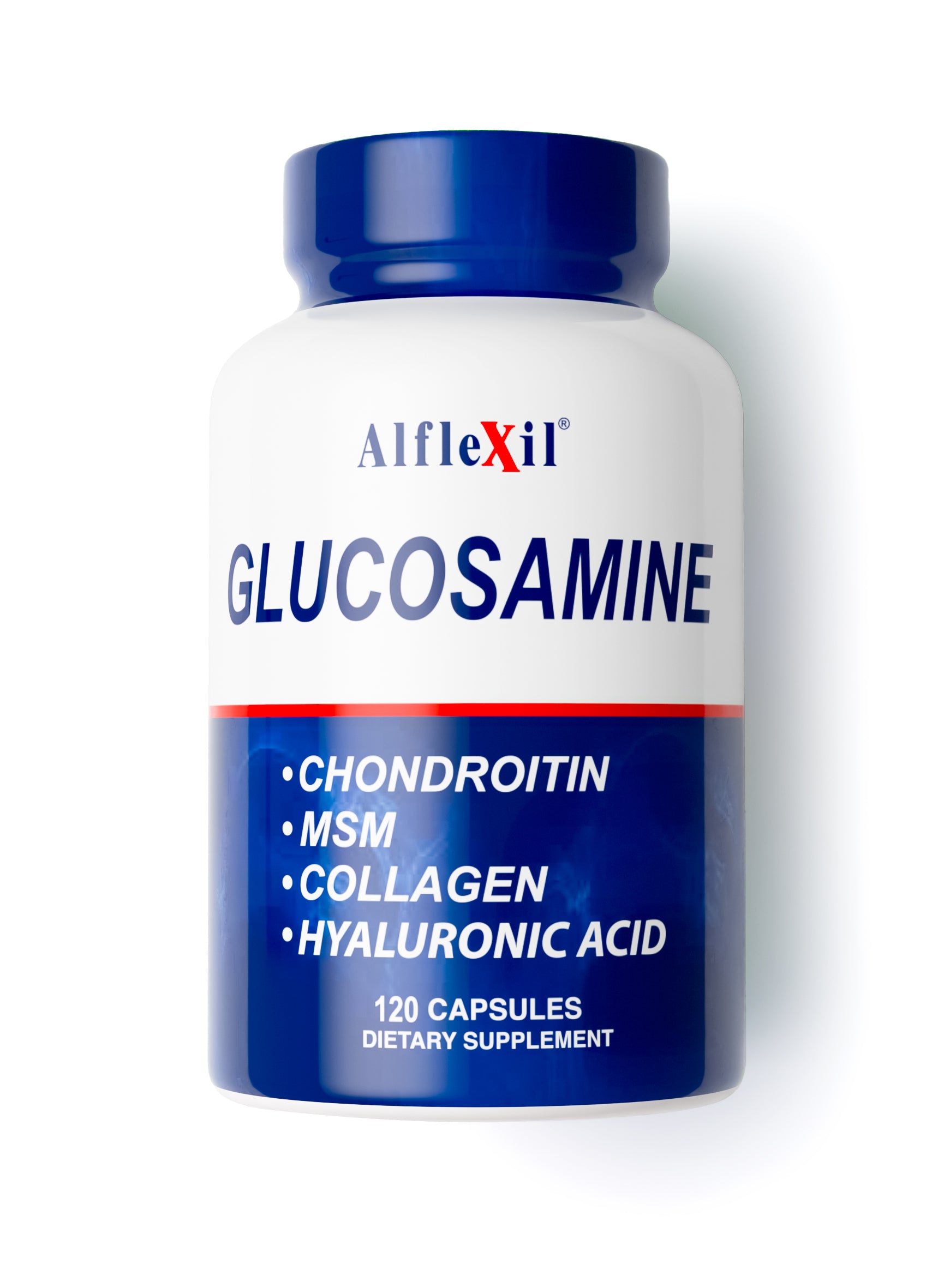 A white and blue bottle of Alflexil® by Alfa Vitamins, labeled Glucosamine Chondroitin MSM Collagen, contains 120 capsules. It includes chondroitin, MSM, collagen, and hyaluronic acid for comprehensive joint care.