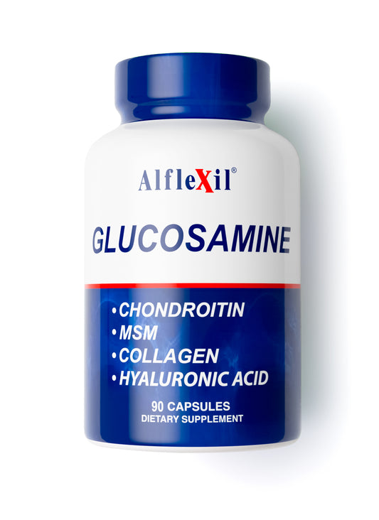 The Alflexil® joint support by Alfa Vitamins Store features Glucosamine, Chondroitin, MSM, Collagen, and Hyaluronic Acid. The blue and white bottle contains 90 capsules designed to maintain healthy joints.