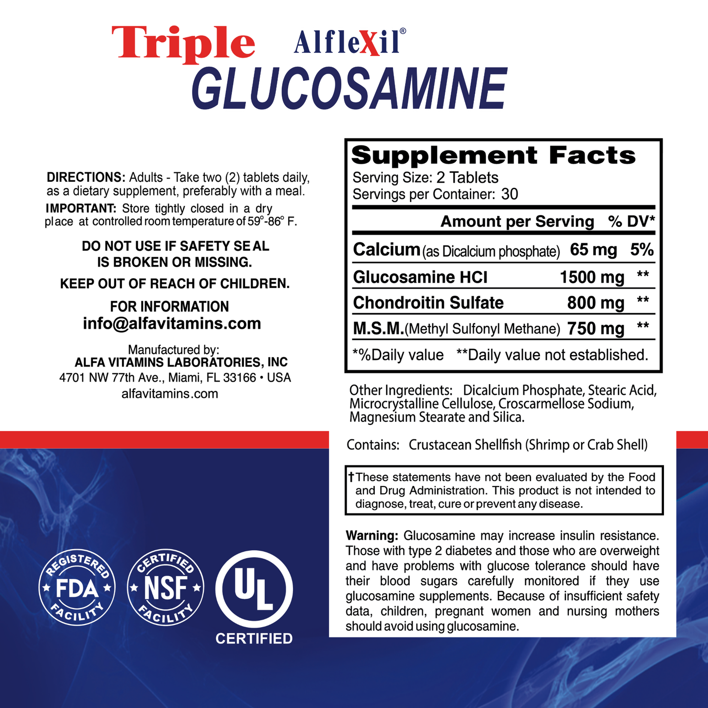 The Alfa Vitamins Triple Alflexil - Glucosamine Chondroitin MSM supplement label includes detailed supplement facts for glucosamine, chondroitin, and MSM, directions, warnings, FDA/NSF/UL certifications, an ingredients list, and manufacturer information.