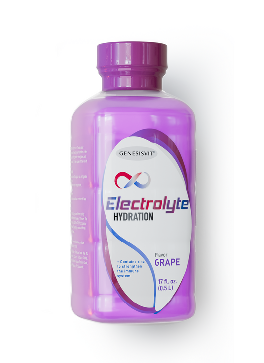 A 16.9 fl oz purple Genesisvit® Electrolyte Solution (Grape) bottle from Alfa Vitamins Store, featuring zinc for immune support and optimal hydration; sold in a 12-pack.