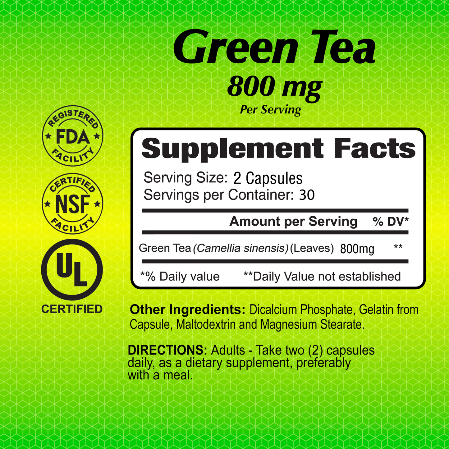 Alfa Vitamins Green Tea 300mg supplement, featuring antioxidants like catechins, is displayed on a soothing green gradient label. The packaging includes supplement facts, usage directions, and certifications from FDA, NSF, and UL.