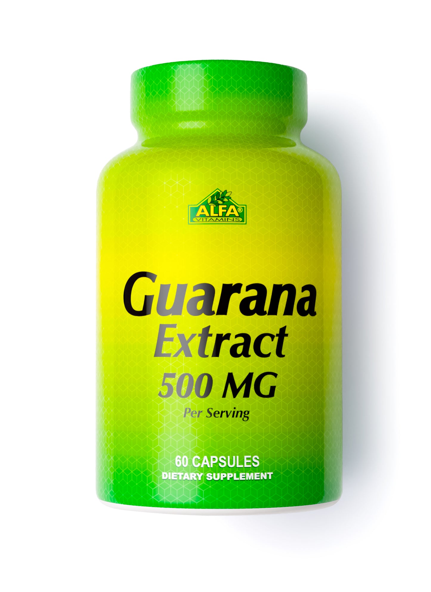 A green and yellow bottle labeled Alfa Vitamins contains 60 capsules of Guarana 500MG, a dietary supplement known for its high caffeine content and cognitive performance-boosting properties.