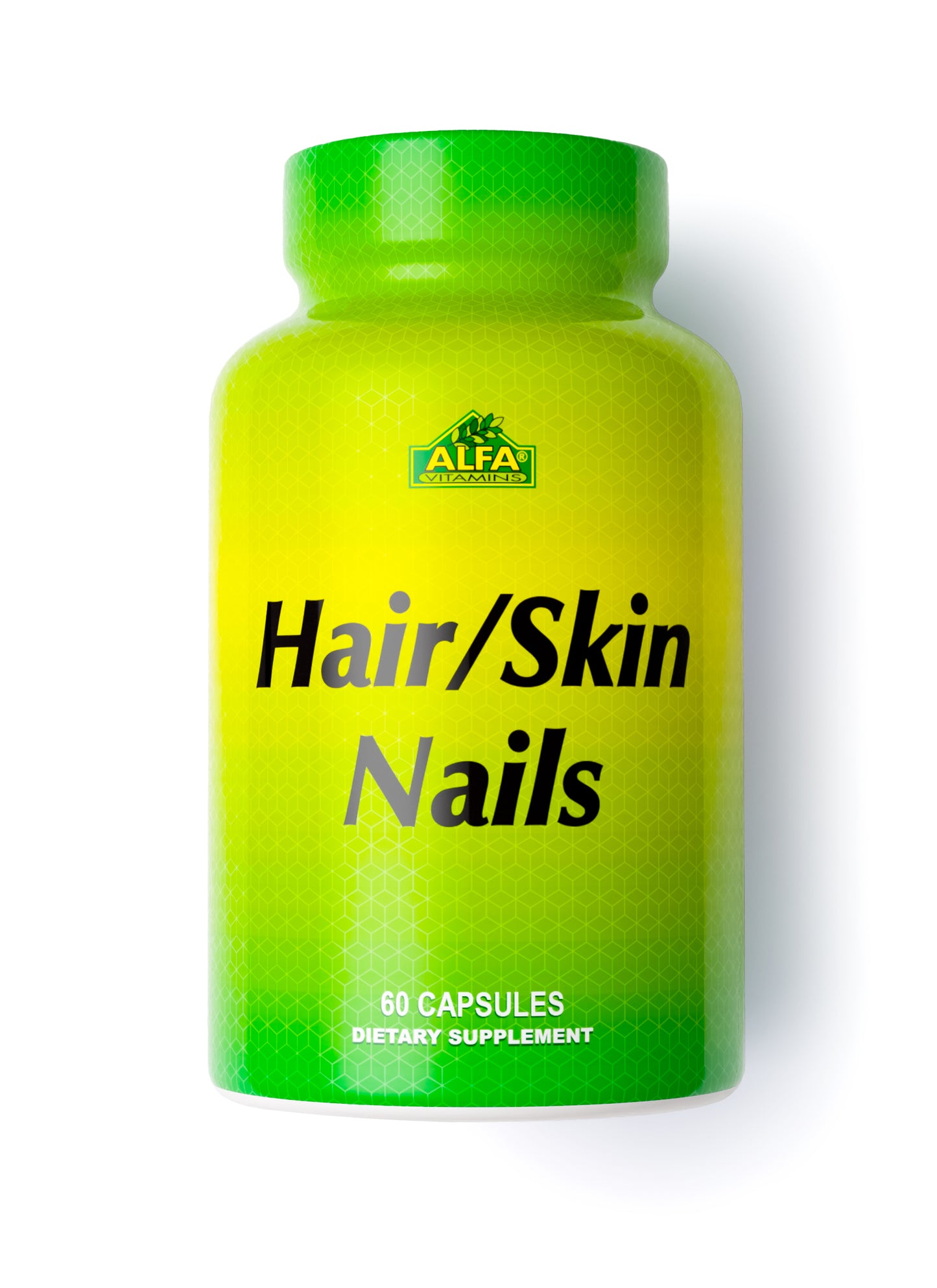 Alfa Vitamins Hair Skin Nails offers 60 capsules in a green and yellow bottle, packed with essential vitamins and minerals, promoting healthy hair, skin, nails and providing antioxidant-rich wellness support.