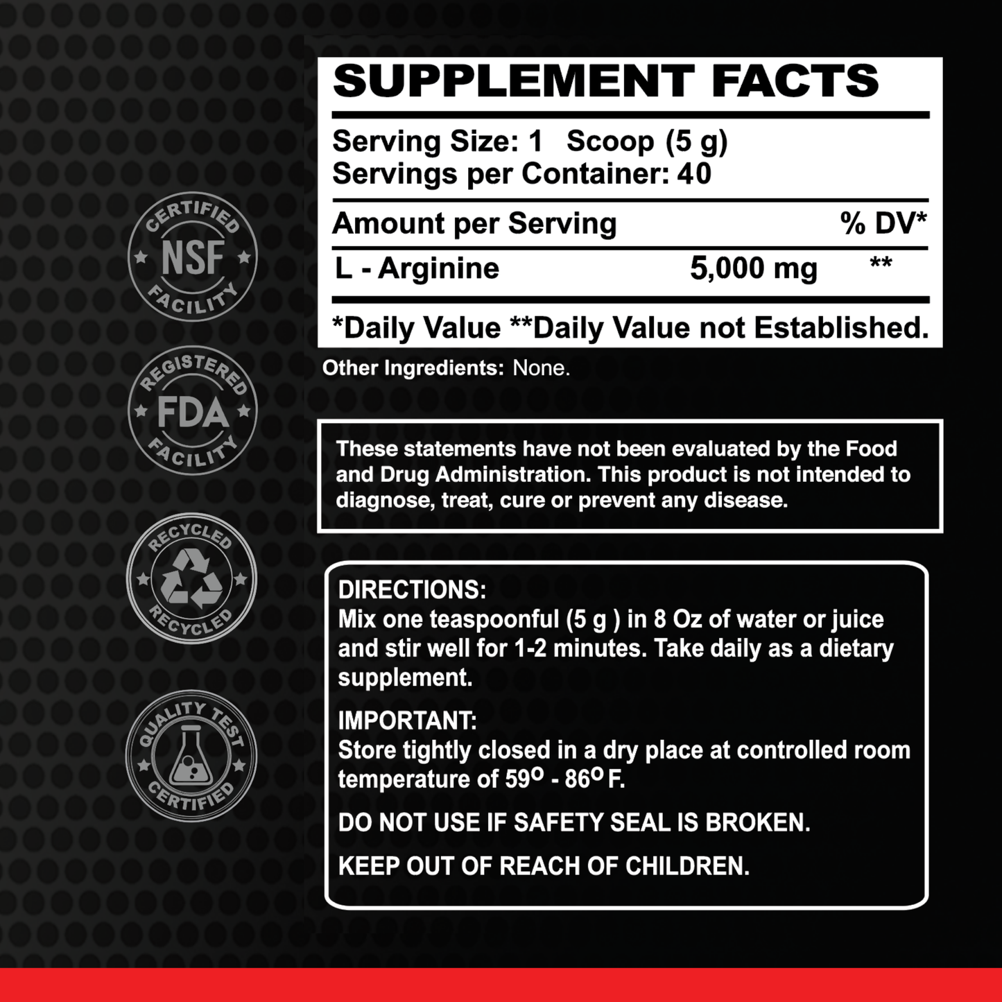 Supplement facts label for Alfa Vitamins L-Arginine Powder – Unflavored 200g Jar. Each 5g scoop delivers 5,000mg L-Arginine for nitric oxide support. Includes directions, warnings, and certifications on a black and red label. 40 servings per jar.