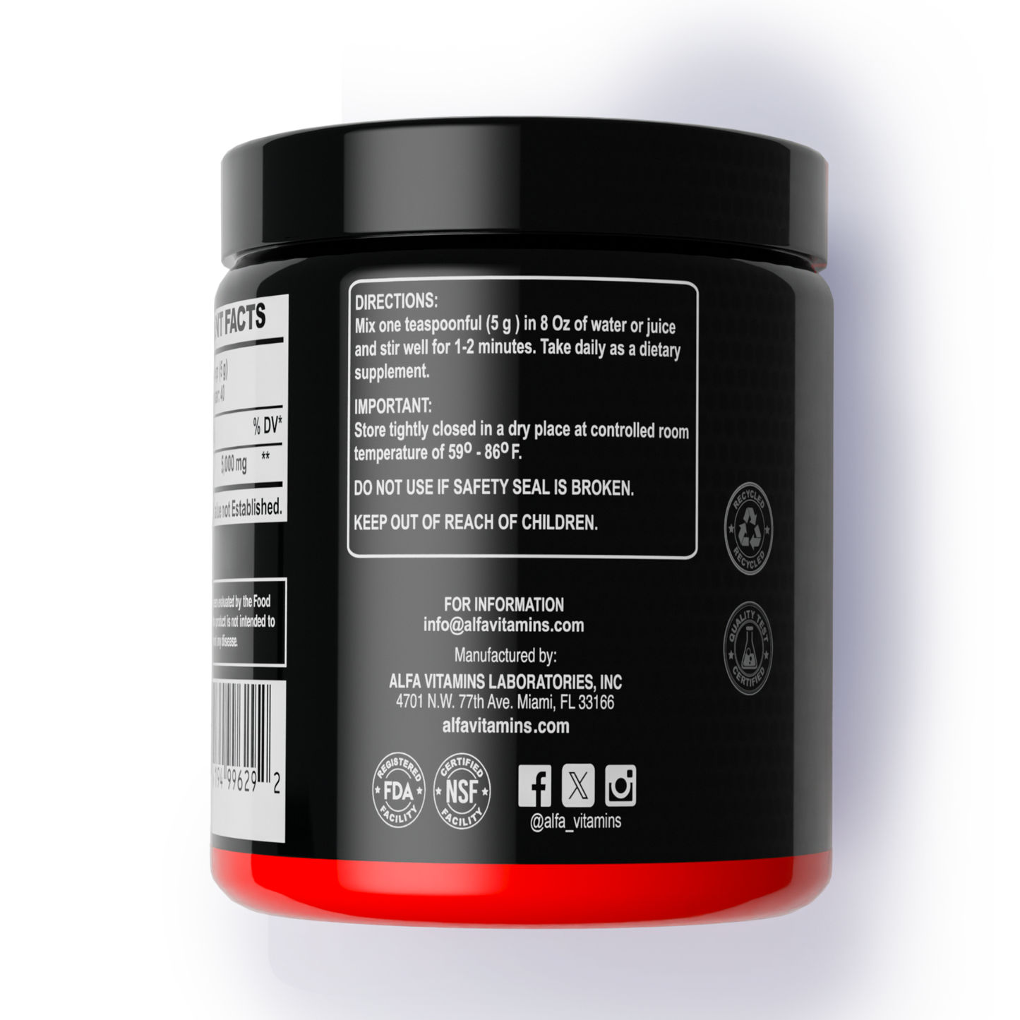 A black and red Alfa Vitamins L-Arginine Powder – Unflavored 200g Jar shows directions, storage info, manufacturer details, certification logos, and social media icons on its side label to support nitric oxide production.