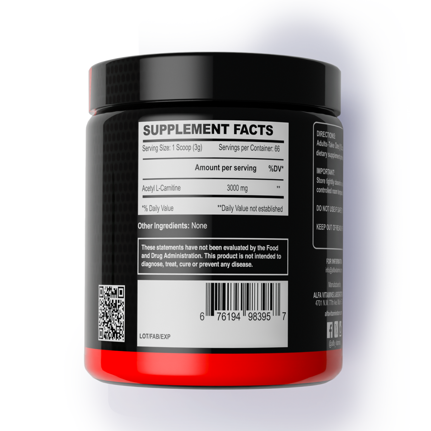 A black and red Alfa Vitamins container with a white label shows supplement facts for Maximum Acetyl L-Carnitine Powder formula 200g (unflavored), 3000mg per serving, with barcode and disclaimers highlighting energy support and muscle performance.