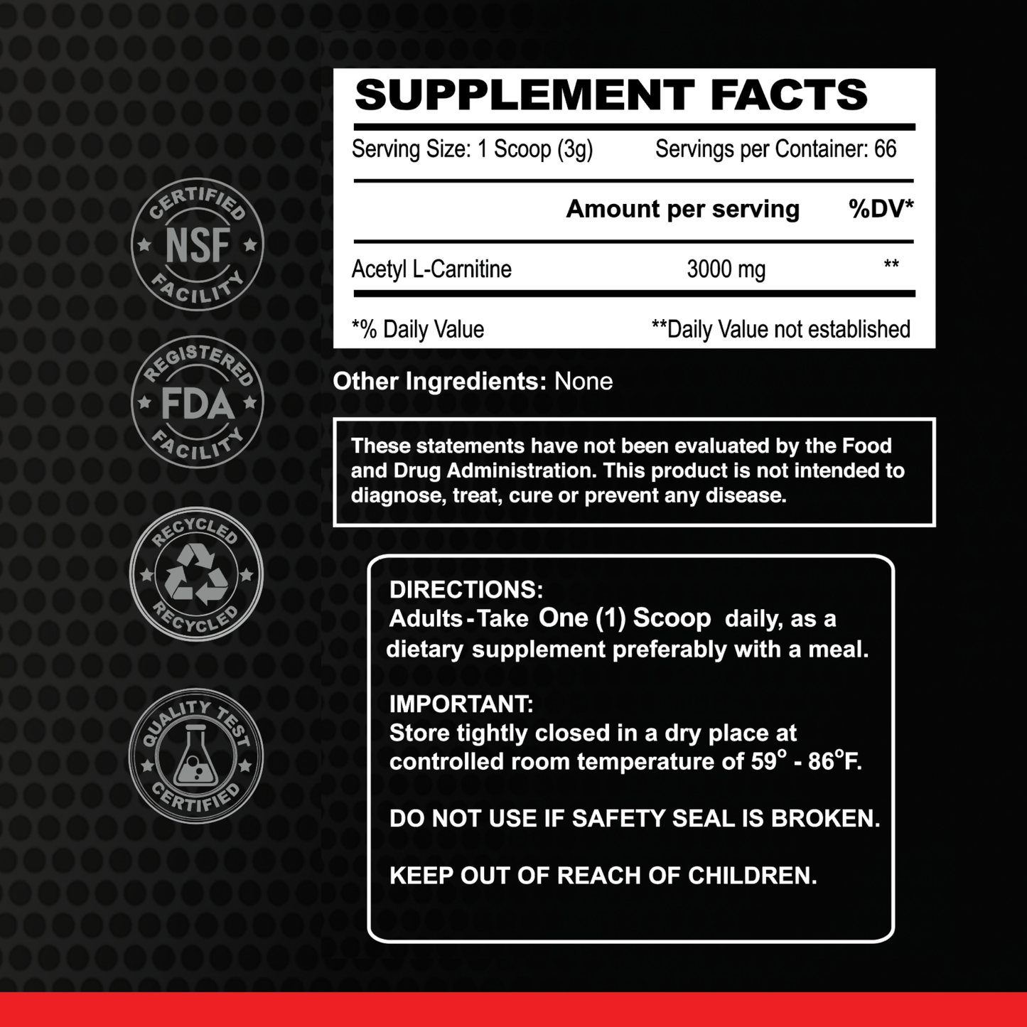 A screenshot of a black and white screen highlights details about muscle performance and energy support from Alfa Vitamins Maximum Acetyl L-Carnitine Powder formula 200g – Unflavored.