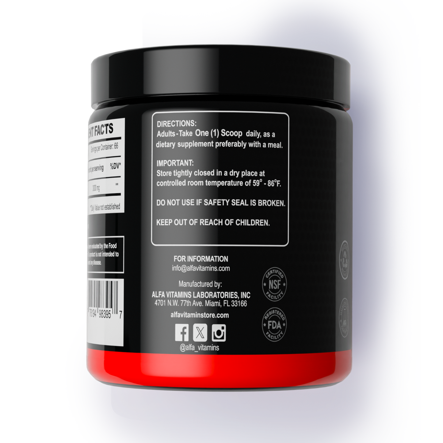 A sleek black and red jar with a black lid, Alfa Vitamins Maximum Acetyl L-Carnitine Powder formula 200g – Unflavored features directions, storage instructions, safety warnings, manufacturer info, and certification logos for muscle performance support.